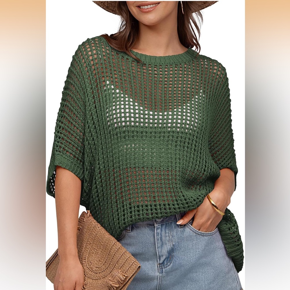 UHU crocheted short sleeve mesh Green Knit Sweater trendy top - Picture 2 of 15